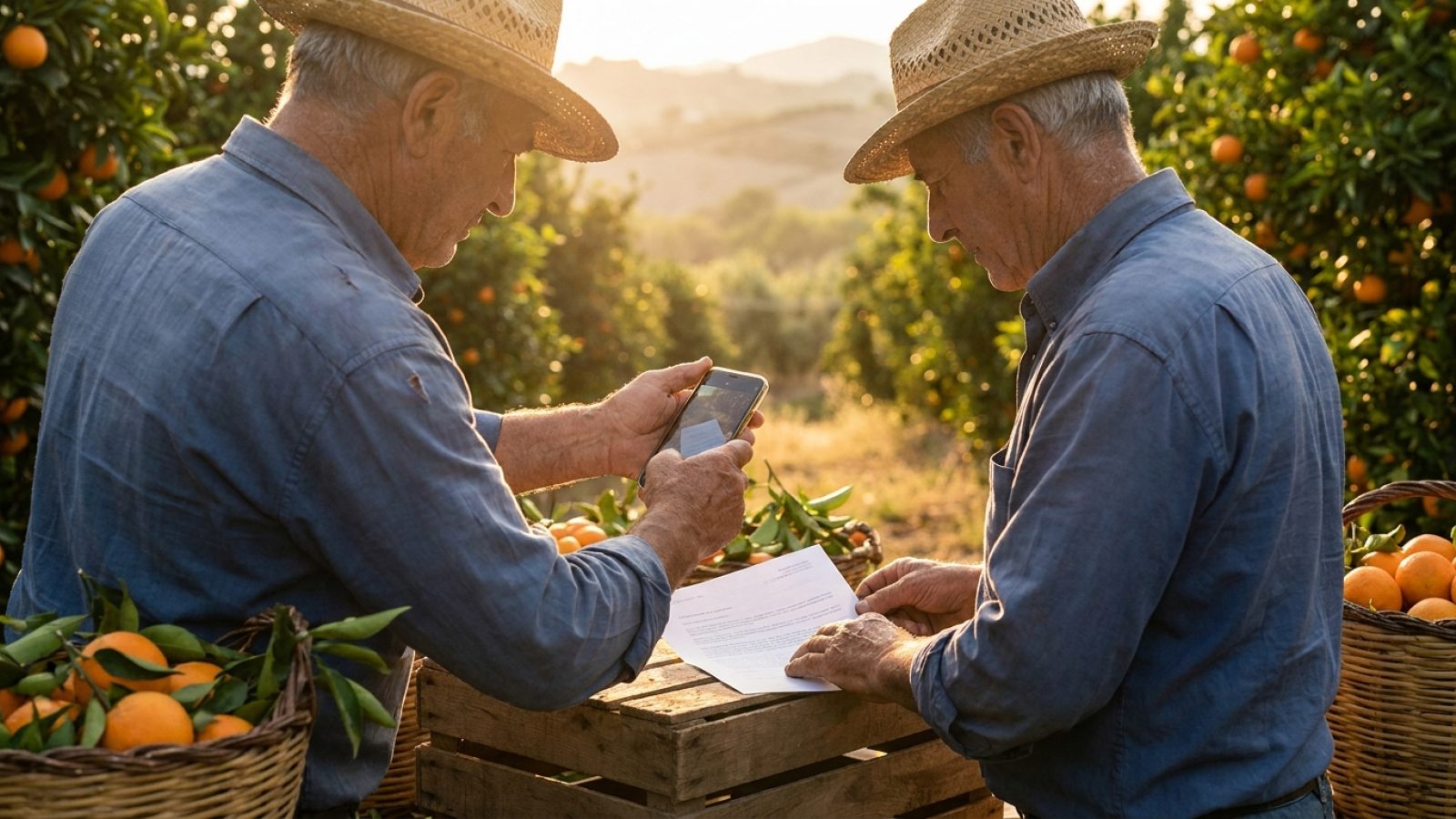Agricoltore che usa lo smartphone nel frutteto
